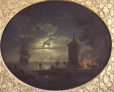 Nat: Et månebelyst kystlandskab med Fisherfolk ved en ild på en kaj, en krigsmand hinsides af Claude Joseph Vernet