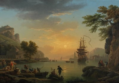 ""Landskab ved solnedgang med fiskere, der vender tilbage med deres fangst" Maleri af Claude Joseph Vernet (1714-1789) Olie på lærred 1773 Dim 114,5x164 cm National Gallery, London af Claude Joseph Vernet