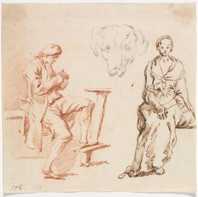 Studieark: Siddende mand, hundehoved, siddende kvinde af Claude Joseph Vernet