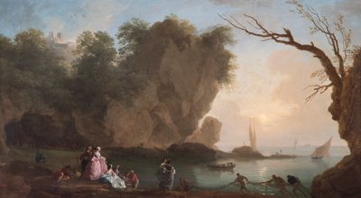 Solnedgang: Udsigt over en bugt med figurer af Claude Joseph Vernet