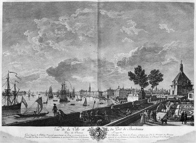 Udsigt over byen og havnen i Bordeaux set fra Chateau Trompette, serie af "Les Ports de France", indgraveret af Charles Nicolas Cochin den yngre af Claude Joseph Vernet