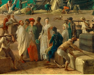 detalje af: Havnen i Marseille i det 18. århundrede”” Detalje, der repræsenterer losning af varer. Maleri af Joseph Vernet (1714-1789) Paris fra det 18. århundrede. Marine Museum af Claude Joseph Vernet