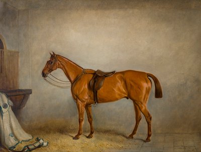Hesteplaneten i en stald, ca. 1866 (olie på lærred) af Claude L. Ferneley