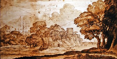 Enchanted Castle (pen & blæk og vask på papir) af Claude Lorrain