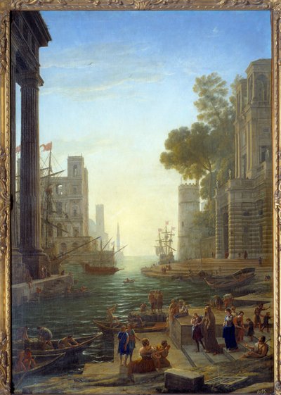 Landskab med Saint Paula Romanas båd ved Ostia. Saint Paula forlader sine børn for at rejse til det hellige land. Lærred, 211 x 145 cm - Boarding fra Sainte Paule til Ostia. St. Paule (347-404 eller 407), romersk enke, discipel af Sankt Hieronymus. Maleri  af Claude Lorrain