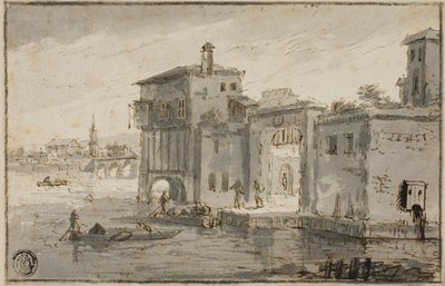 Bygninger ved siden af lagunen af Claude Lorrain