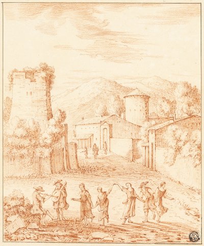 Dansere og musikere foran landsby med ødelagt tårn af Claude Lorrain