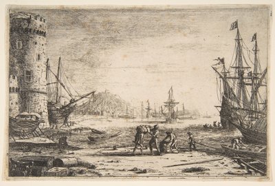 Havn med stort tårn, ca. 1641. af Claude Lorrain