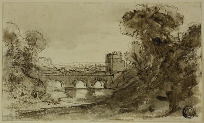 Italiensk flodlandskab med bro med tårn af Claude Lorrain