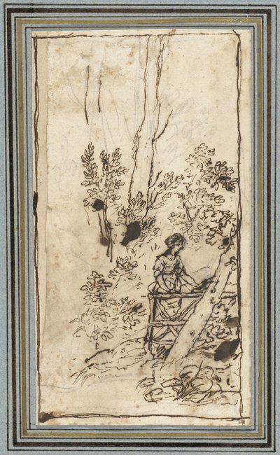 Ung kvinde står ved et hegn i en skov Studier af dyr fra Dyrealbummet. (serietitel) af Claude Lorrain
