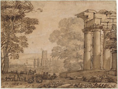 Landskab med ruiner, pastorale figurer og træer af Claude Lorrain