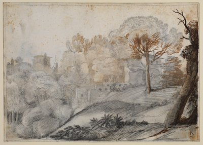 Landskab med træer og bygninger af Claude Lorrain