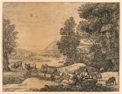 Hyrde og hyrdinde taler sammen i et landskab af Claude Lorrain
