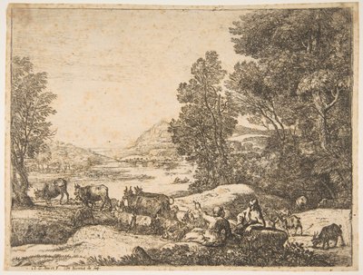 Hyrde og hyrdinde taler i et landskab, ca. 1651. af Claude Lorrain