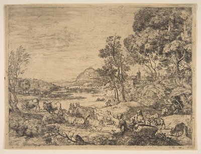 Hyrde og hyrdinde taler i et landskab, ca. 1651. af Claude Lorrain