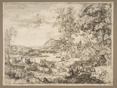Hyrde og hyrdinde taler i et landskab, ca. 1651. af Claude Lorrain
