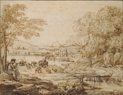 Ungdom, der spiller et rør i et pastoralt landskab, c1640