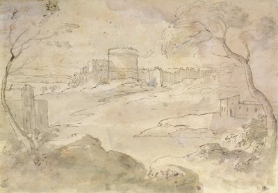 Landskab med en befæstet by (blæk og vask på papir) af Claude Lorrain