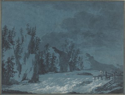 River Rapids ved Wooded Cliffs af Claude Louis Chatelet