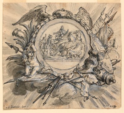 Cartouche med tilskrivninger af krig af Claude Louis Desrais