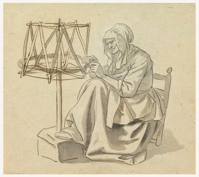 Tegning, En gammel kvinde, der spinder, 1810-30 af Claude Louis Desrais