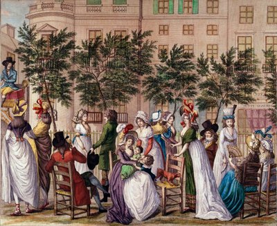 Mode under bestyrelsen: "Le petit Coblenz", promenaden Boulevard des Italiens i Paris. Litografi af Claude Louis Desrais (1746-1816) 1798. Paris, Musee Carnavalet af Claude Louis Desrais