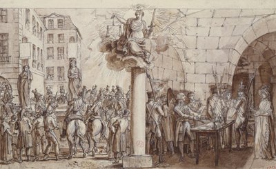 Enken Morin og hendes datter Angelique Delaporte på Conciergerie og straffet med at blive lænket offentligt for forbrydelsen afpresning med vold af underskrifter, 1812 (pen, blæk & vask på pap af Claude Louis Desrais