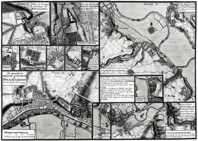 Fol.7 & 98 Kort over byerne og slottene langs Charente-floden i 1714, fra Recueil des Plans de Saintonge (pen & blæk og wc på papir) af Claude Masse