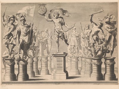 Allegori til ære for House of Savoy med legendariske figurer på piedestaler af Claude Mellan