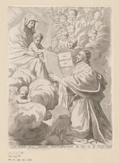 Armand-Jean du Plessis, hertugen af ​​Richelieu, præsenterer en bog til Maria med barn Titelside for: Armand-Jean du Plessis hertug af Richelieu, Traité de la perfection du chrétien af Claude Mellan
