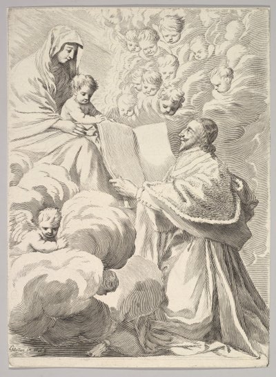 Kardinal Richelieu, Knælende, præsenterer sin bog til jomfruen og barnet, ca. 1646. af Claude Mellan