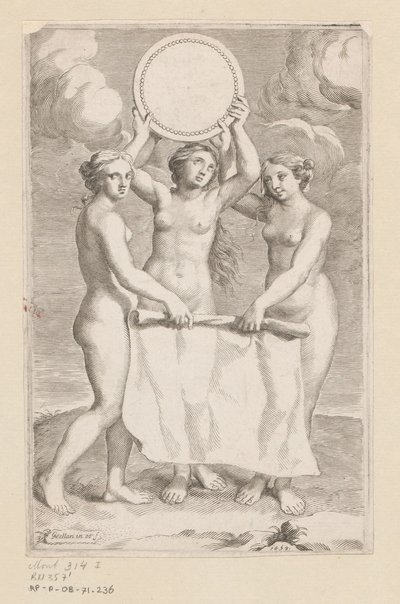 Tre Gracer med en medaljon Titelside for: Balthazar de Vias, Charitum libri tres, 1660 af Claude Mellan