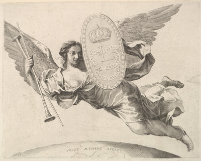 Berømmelse bærer et skjold med initialen af Louis XIV La Renommée volant. af Claude Mellan