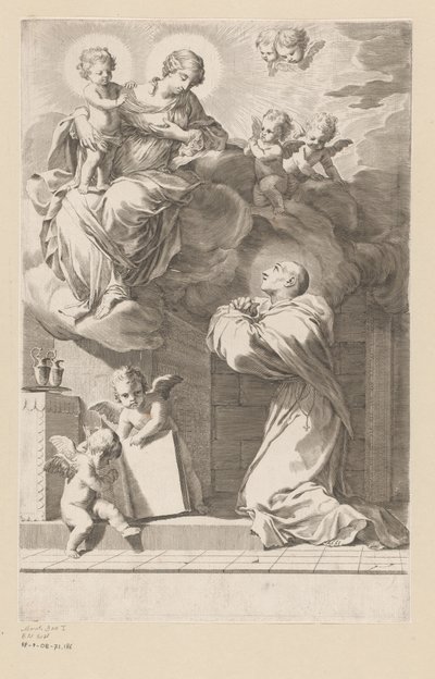 H. Bernard knæler foran en åbenbaring af Jomfru og Barn Titelside for: Sankt Bernardus, Divi Bernardi Abbatis (...), 1640 af Claude Mellan