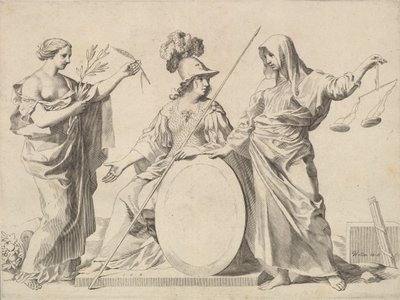 Minerva flankeret af fred og retfærdighed Armoires de Gallard et de Mesmes. af Claude Mellan