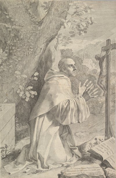 St. Bernard knæler foran et krucifiks, ca. 1655. af Claude Mellan