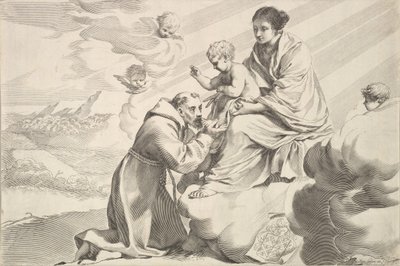 Frans af Assisi tilbeder Kristusbarnet på jomfruernes skød. af Claude Mellan