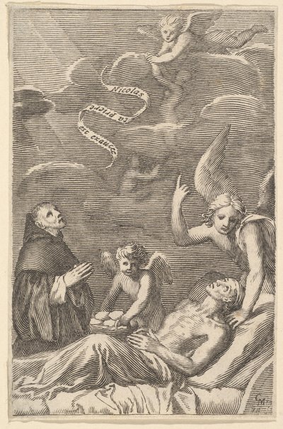 St. Nicolas beder for en døende mand. af Claude Mellan