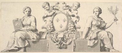 Frankrigs våben ledsaget af personifikationer af lov og god tro, 1664. af Claude Mellan