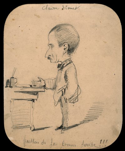 Karikatur af en mand, der står ved skrivebordet (recto); Skitse af mandligt hoved i profil (verso) af Claude Monet