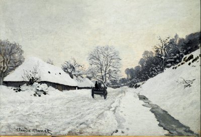 Vogn, vej under sne i Honfleur (olie på lærred af Claude Monet