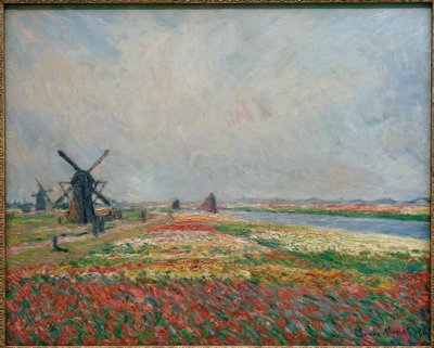 Blomster og vindmøller nær Leiden af Claude Monet