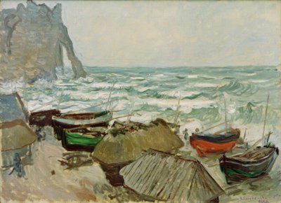 Fiskerbåde på stranden i Etretat af Claude Monet