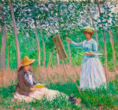 I skoven ved Giverny: Blanche Hoschedé ved sit staffeli med Suzanne Hoschedé Reading, 1887 af Claude Monet