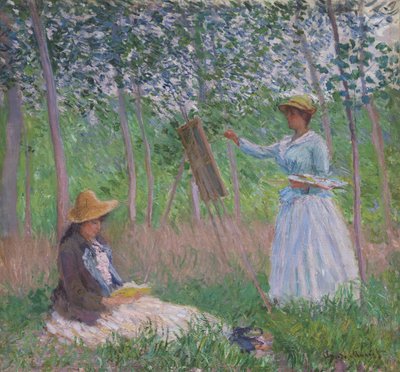 I skoven ved Giverny: Blanche Hoschedé ved sit staffeli, mens Suzanne Hoschedé læser af Claude Monet