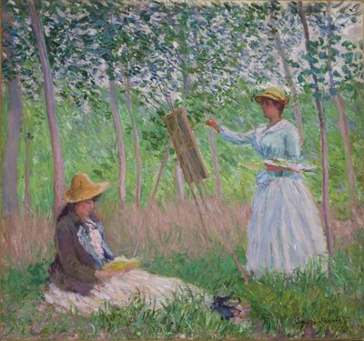 In the Woods at Giverny: Blanche Hoschede ved sit staffeli med Suzanne Hoschede-læsning, 1887 af Claude Monet