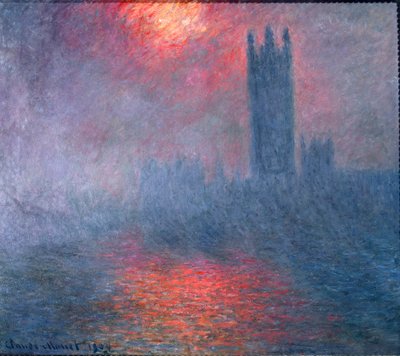 London, Parlamentet, solskin i tågen af Claude Monet