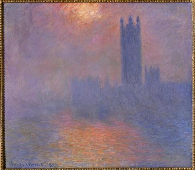 London, parlamentet, hul i solen i tågen af Claude Monet
