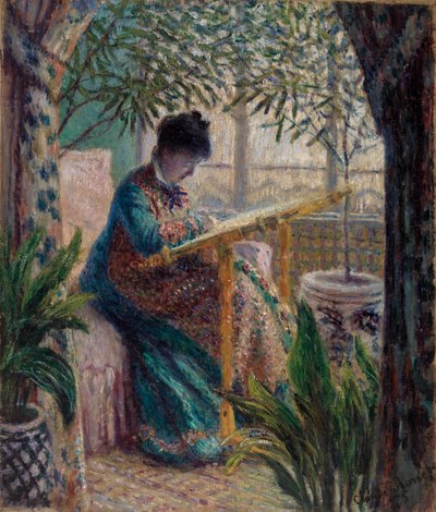 Madame Monet Brodering (Camille ved håndværket) af Claude Monet