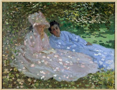 Fru Monet og en ven i haven. To kvinder sidder i skyggen af et træ. Maleri af Claude Monet (1840-1926) af Claude Monet